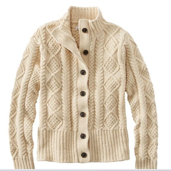 L.L. Bean Signature Cotton Fisherman Sweater Short Cardigan Beige Women Reg (S) - Picture 1 of 8
